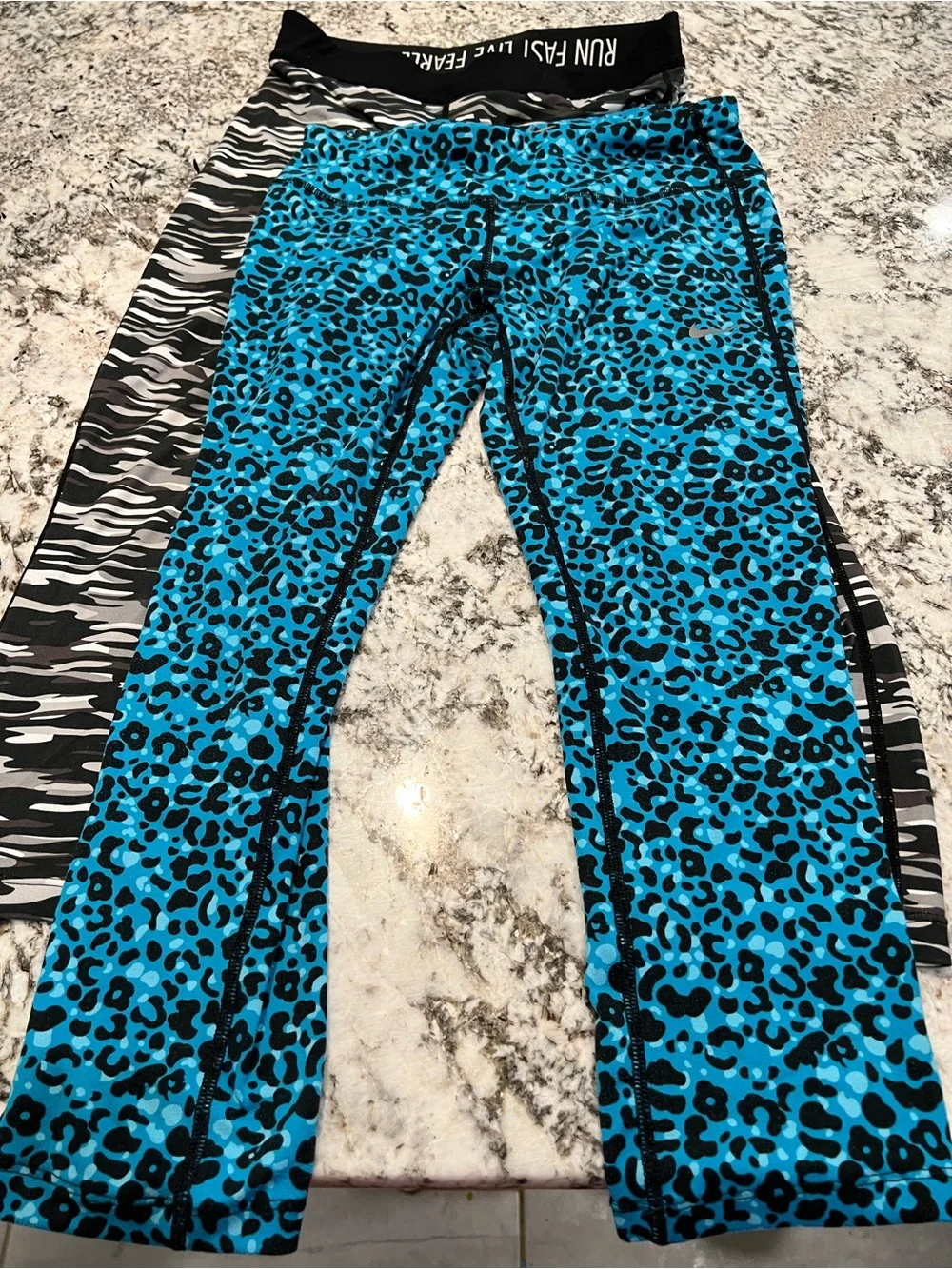 3-piece Nike Dri Fit Women Athletic Leggings, Blue Purple Black, S capri Length